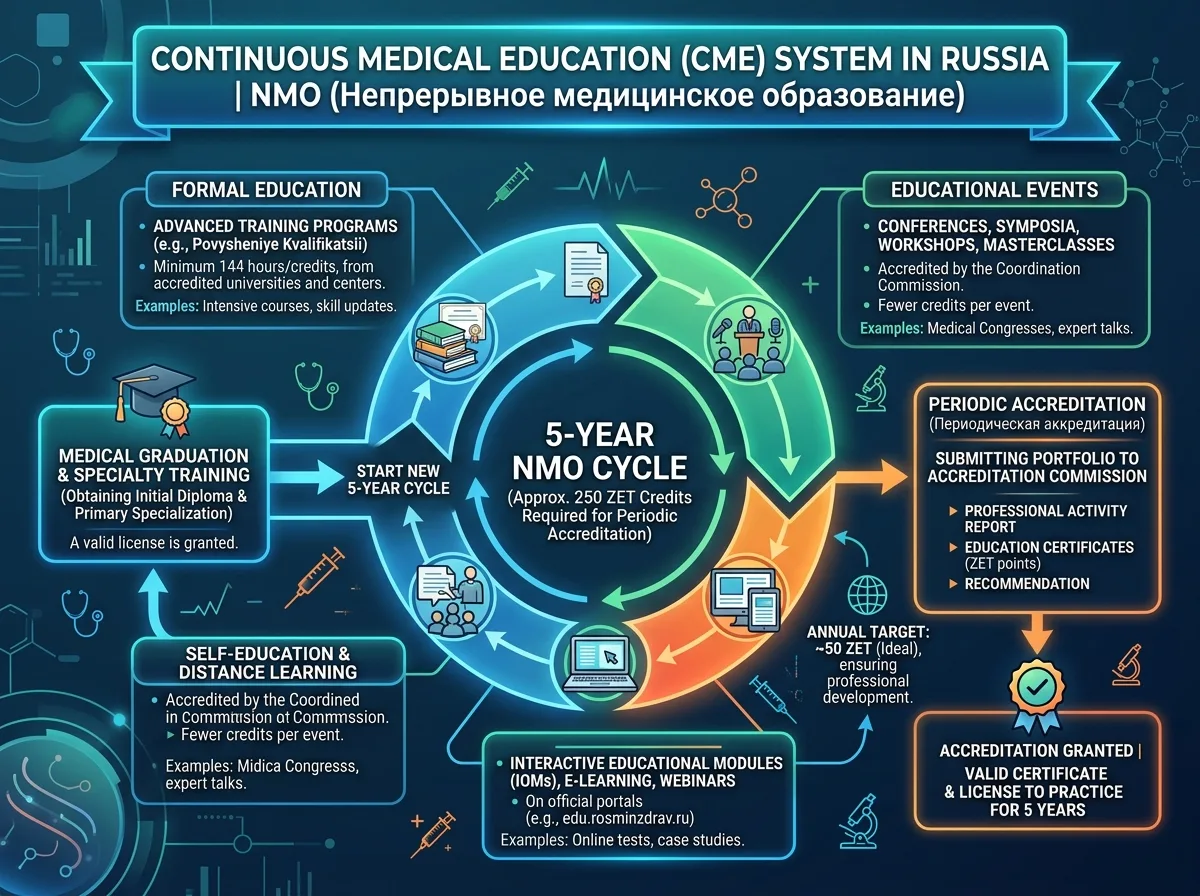 Схема системы непрерывного медицинского образования НМО в России — этапы и требования