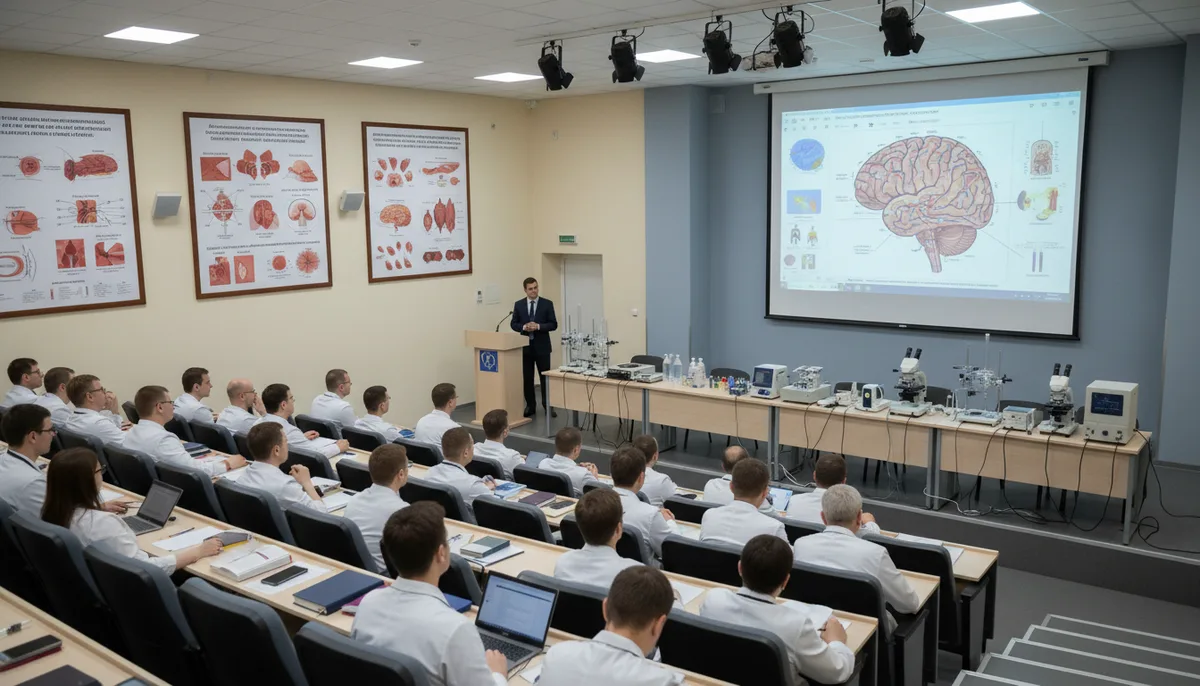 медицинская аудитория, врачи на лекции, профессиональное наркологическое оборудование, учебные пособия