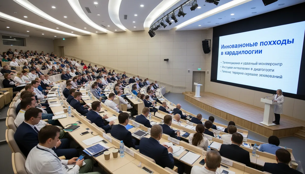 медицинская конференция, врачи в аудитории, профессиональное обучение, слайды на экране
